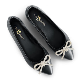 Vivienne Crystal Bow Flats in Black Nappa Leather