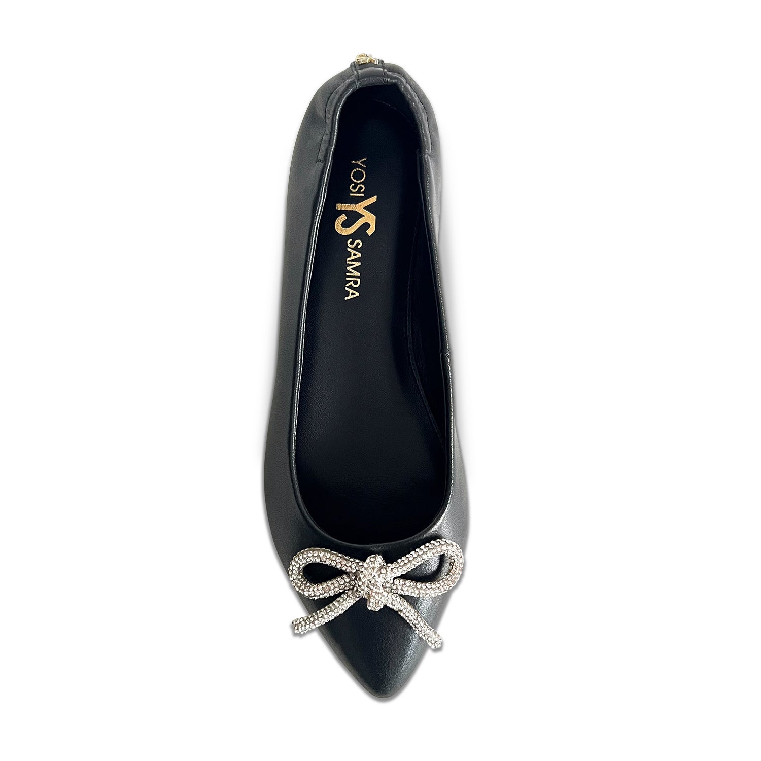 Vivienne Crystal Bow Flats in Black Nappa Leather
