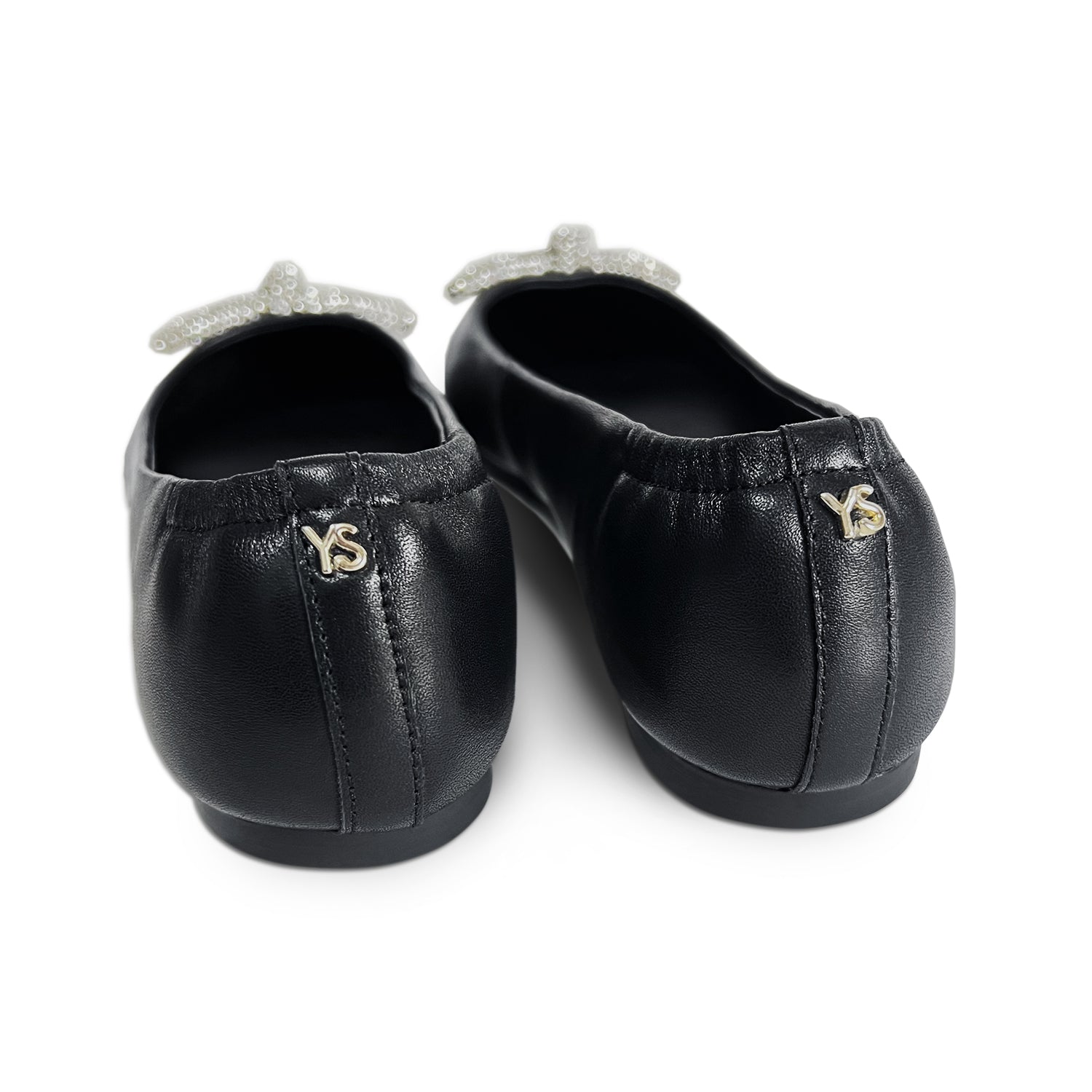 Vivienne Crystal Bow Flats in Black Nappa Leather