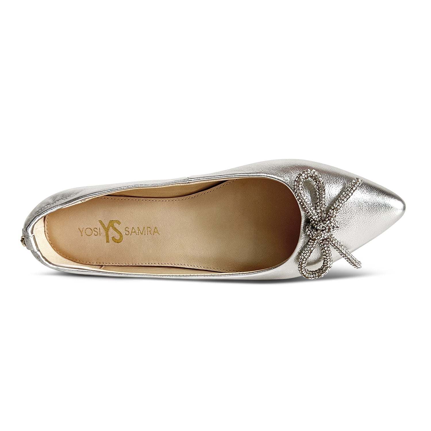 Vivienne Crystal Bow Flats in Silver Leather