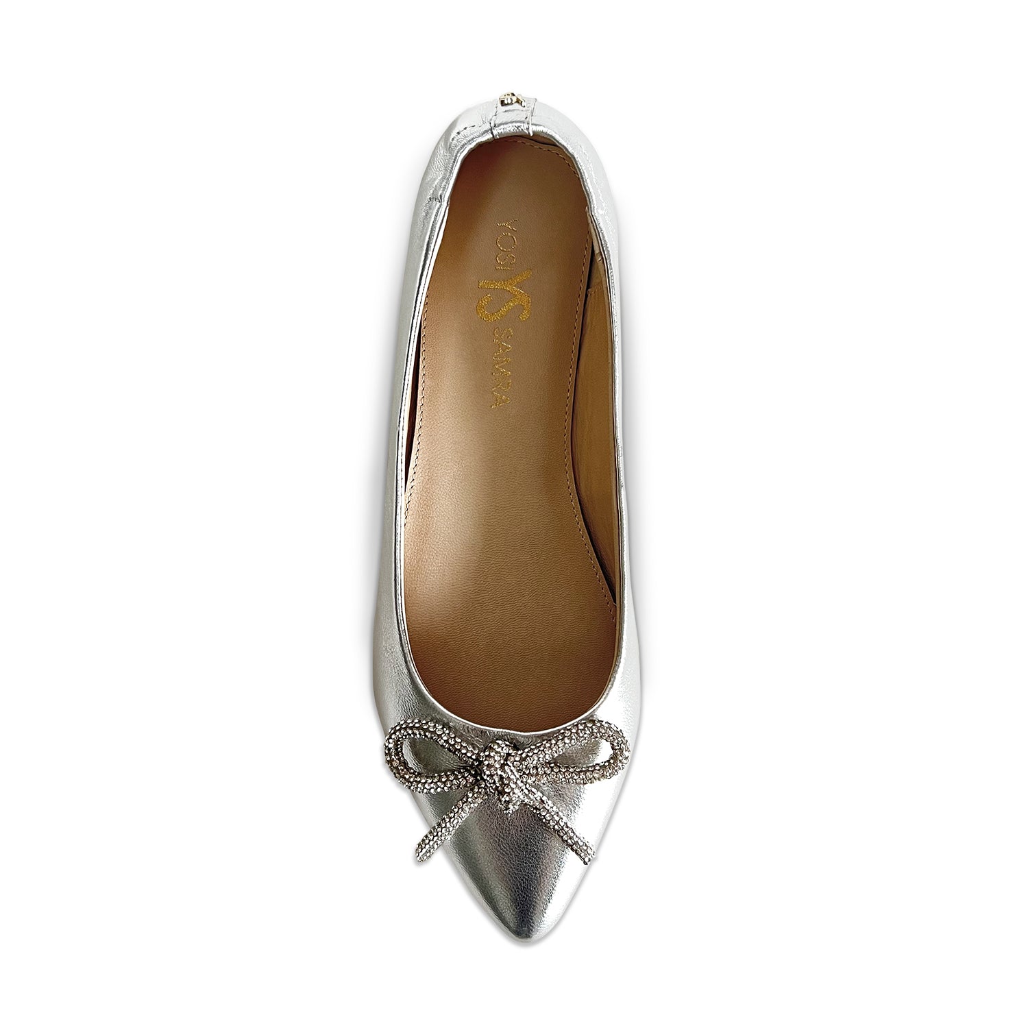 Vivienne Crystal Bow Flats in Silver Leather