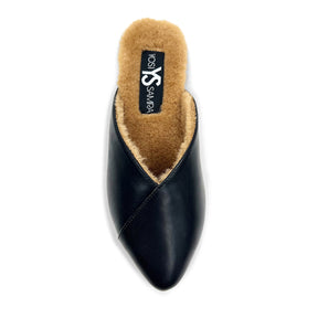 Valentina Faux Fur Mule in Black Leather