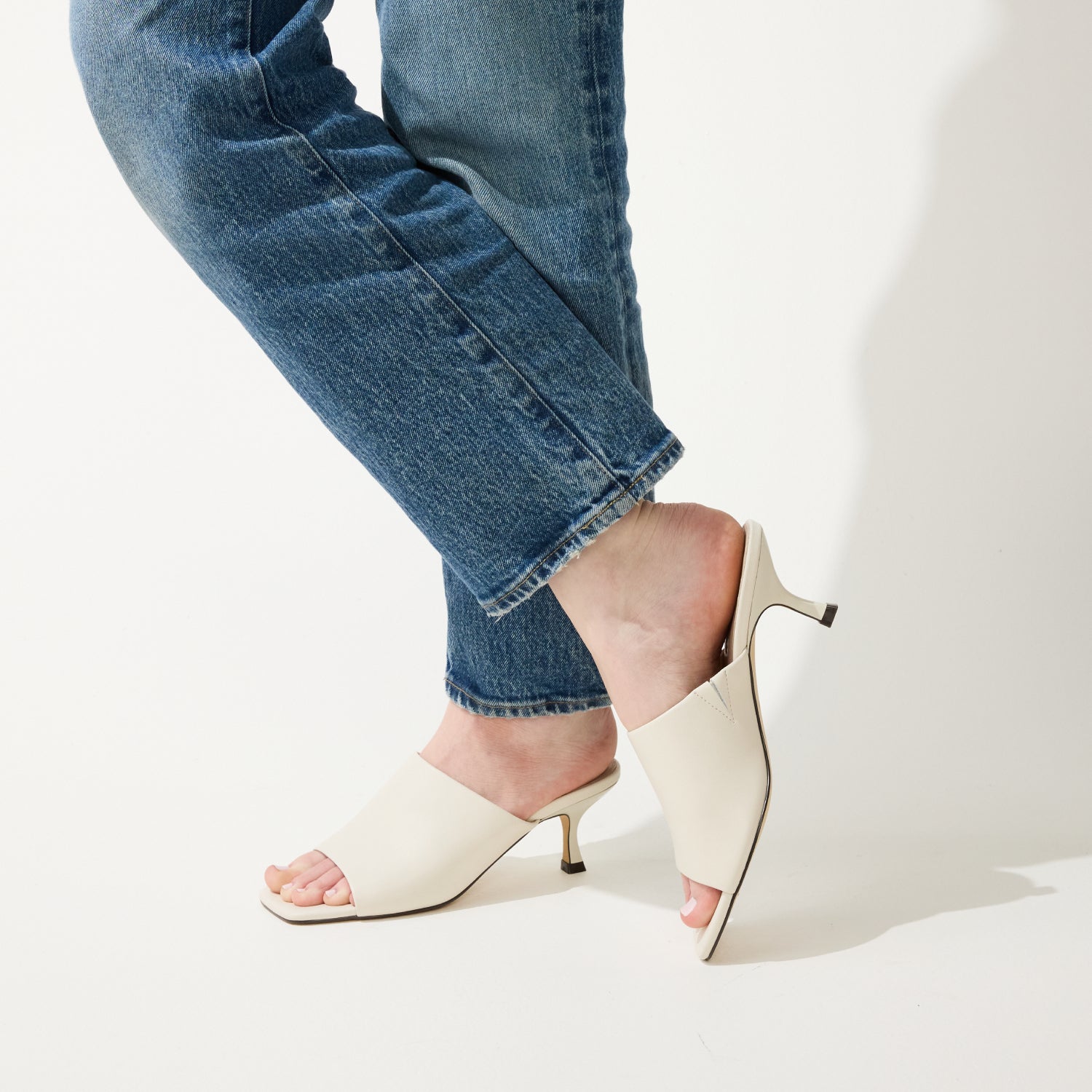Wren Square-Toe Kitten Heel Mule in Cream Leather