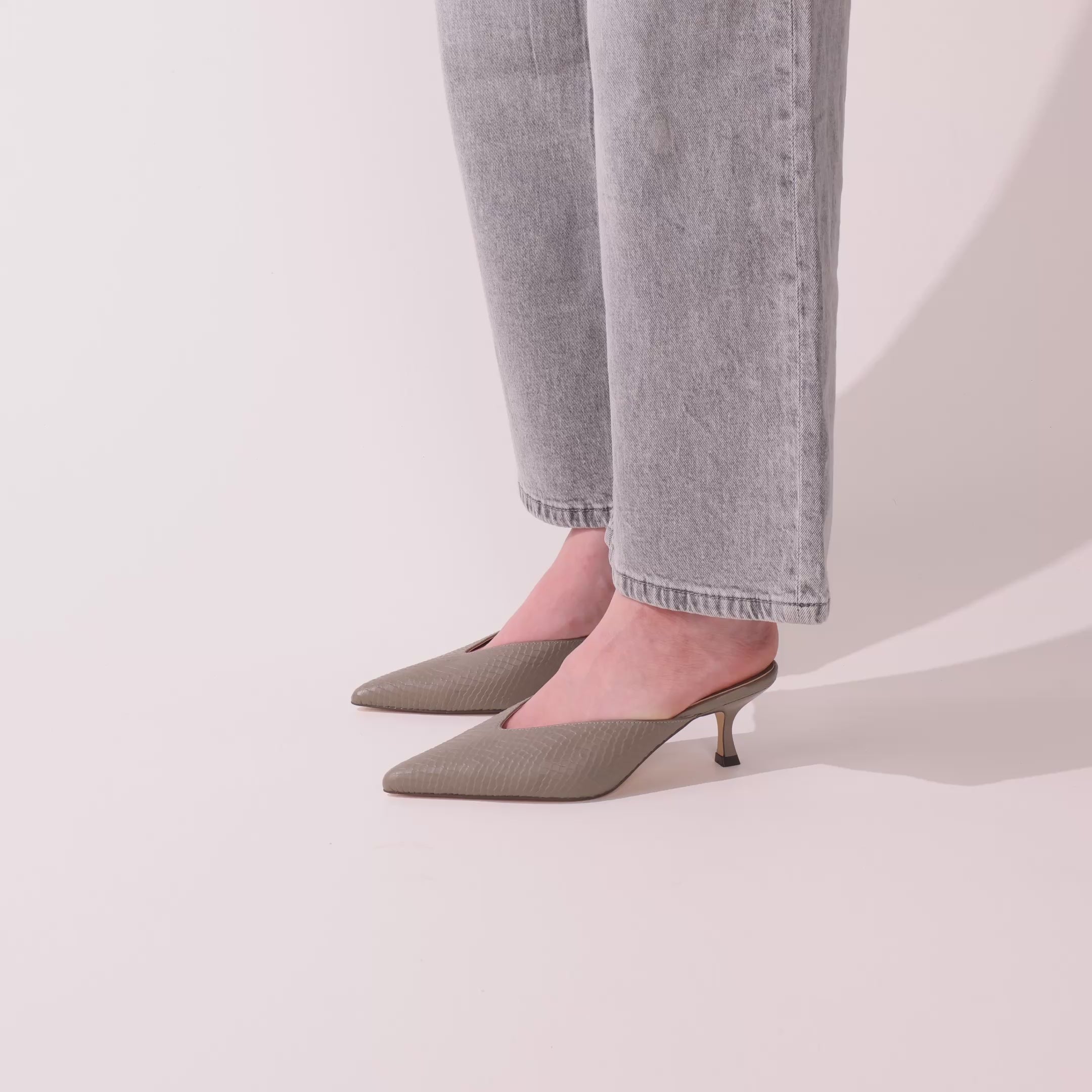 Remi in Taupe Leather Croc Mule Low Heel