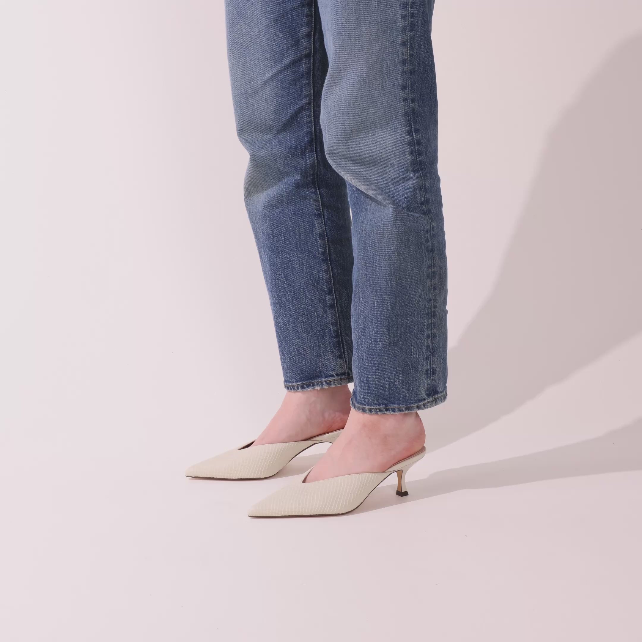 Remi in Cream Leather Croc Mule Low Heel
