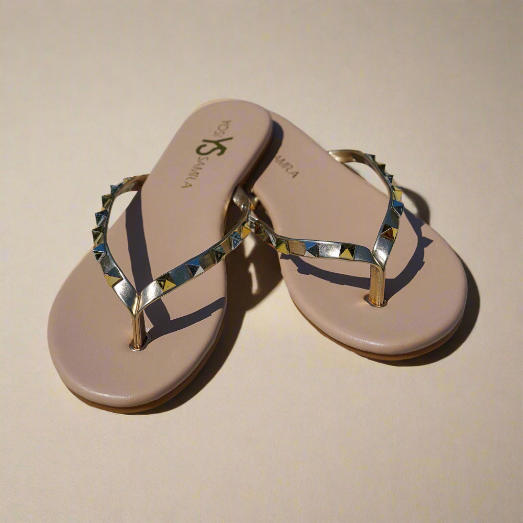 Rivington Stud Flip Flop in Beige Metallic - Yosi Samra  - Women's Sandals