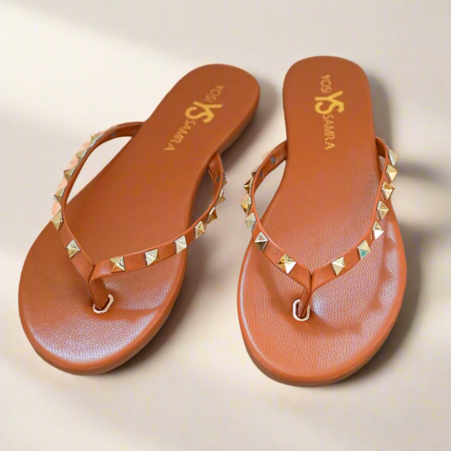 Rivington Stud Flip Flop in Cognac - Yosi Samra  - Women's Sandals