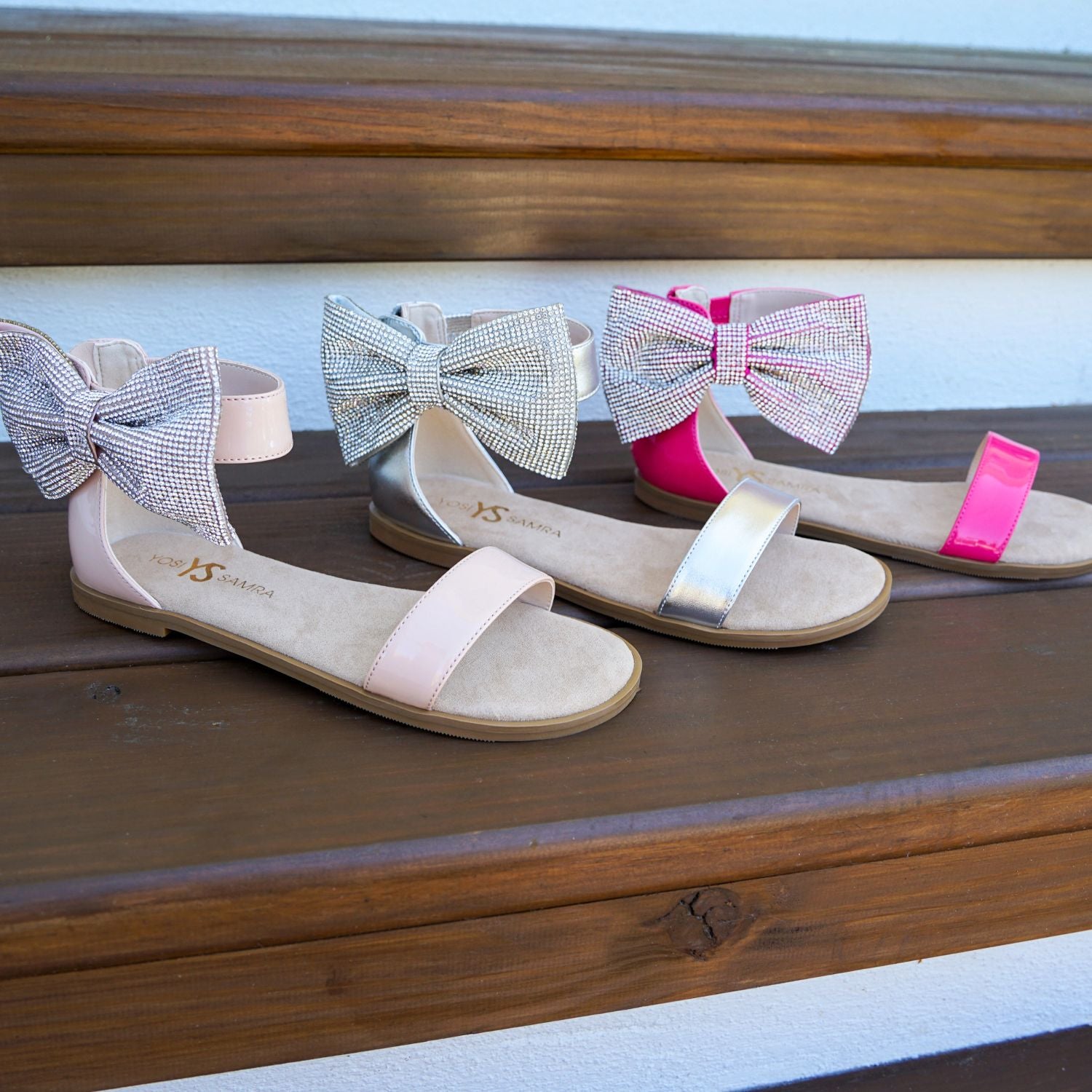 Miss Cambelle Crystal Bow Sandal in Hot Pink Patent - Kids - Yosi Samra  - Kids' Sandals