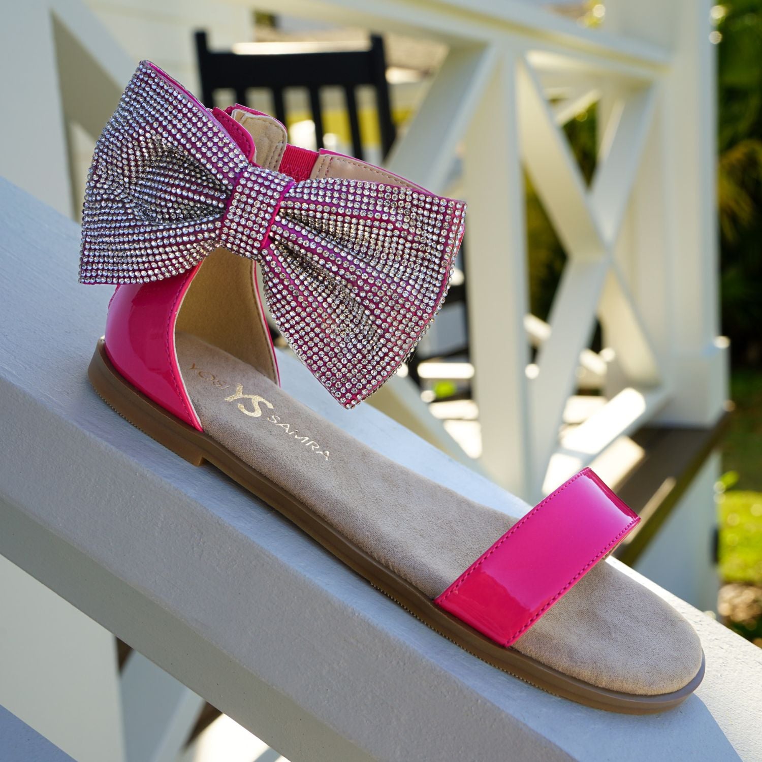 Miss Cambelle Crystal Bow Sandal in Hot Pink Patent - Kids - Yosi Samra  - Kids' Sandals