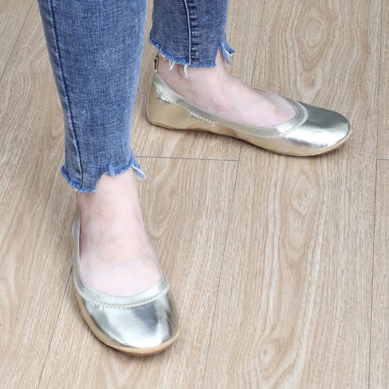 Nina Foldable Ballet Flat in Gold PETA-Approved Vegan Leather