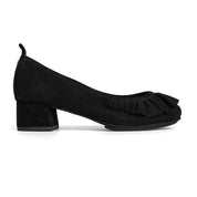 Yosi Samra Black Suede Ruffle Heel Pump