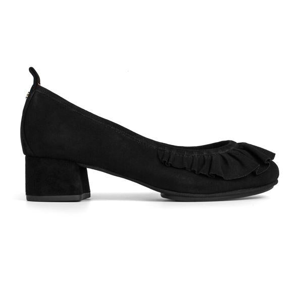 Yosi Samra Black Suede Ruffle Heel Pump