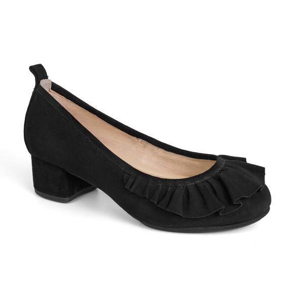 Yosi Samra Black Suede Ruffle Heel Pump
