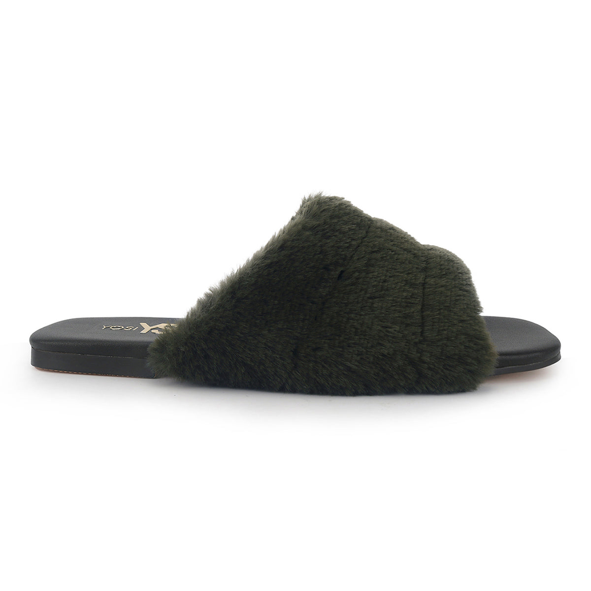 Nora Slide in Olive Faux Fur