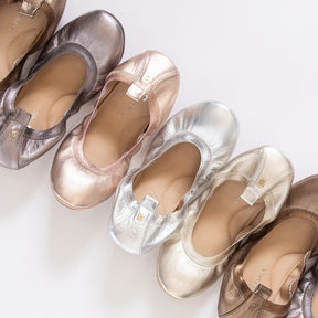 Samara Foldable Ballet Flat in Rose Gold Metallic Leather