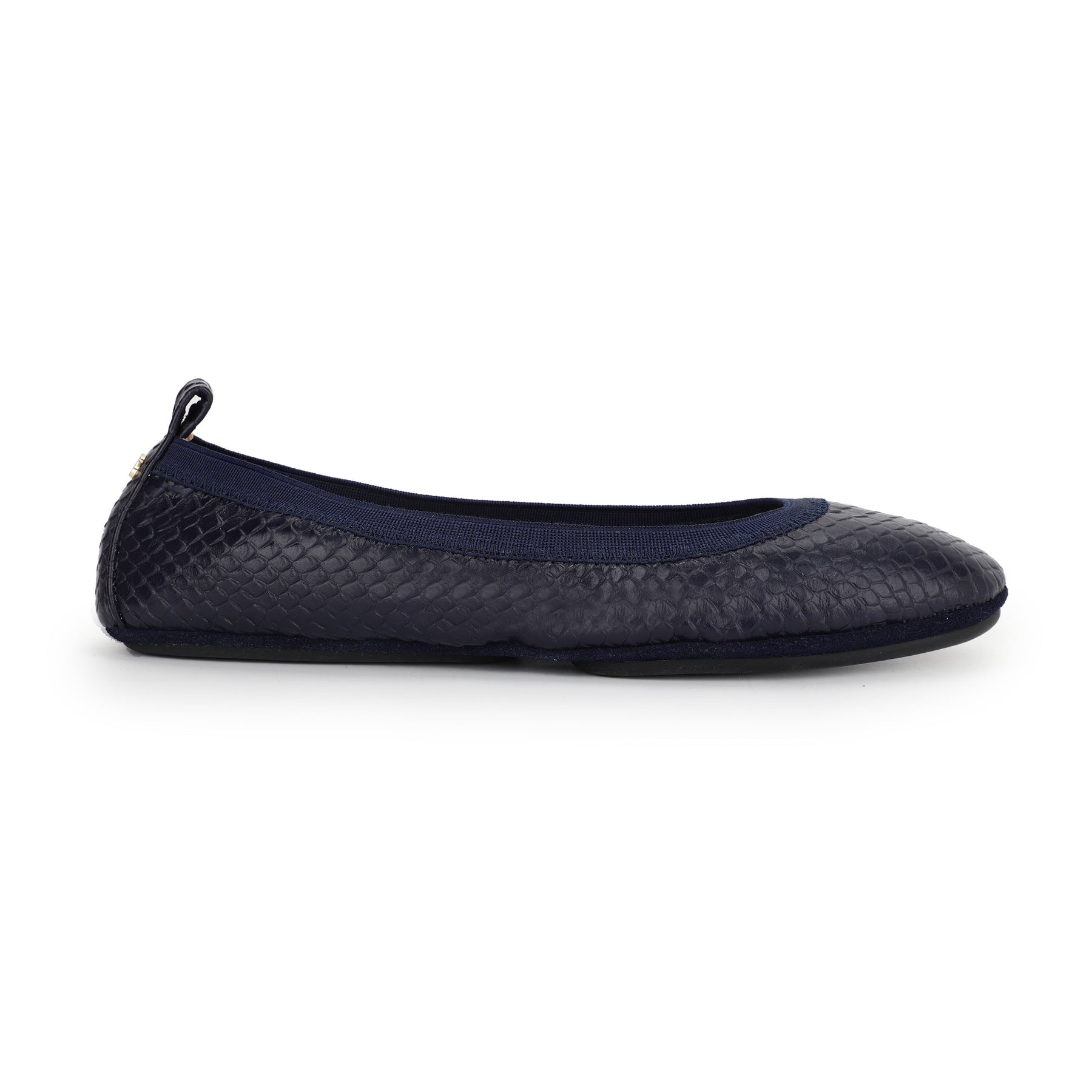 Samara Foldable Ballet Flat in Midnight Blue Scale Leather