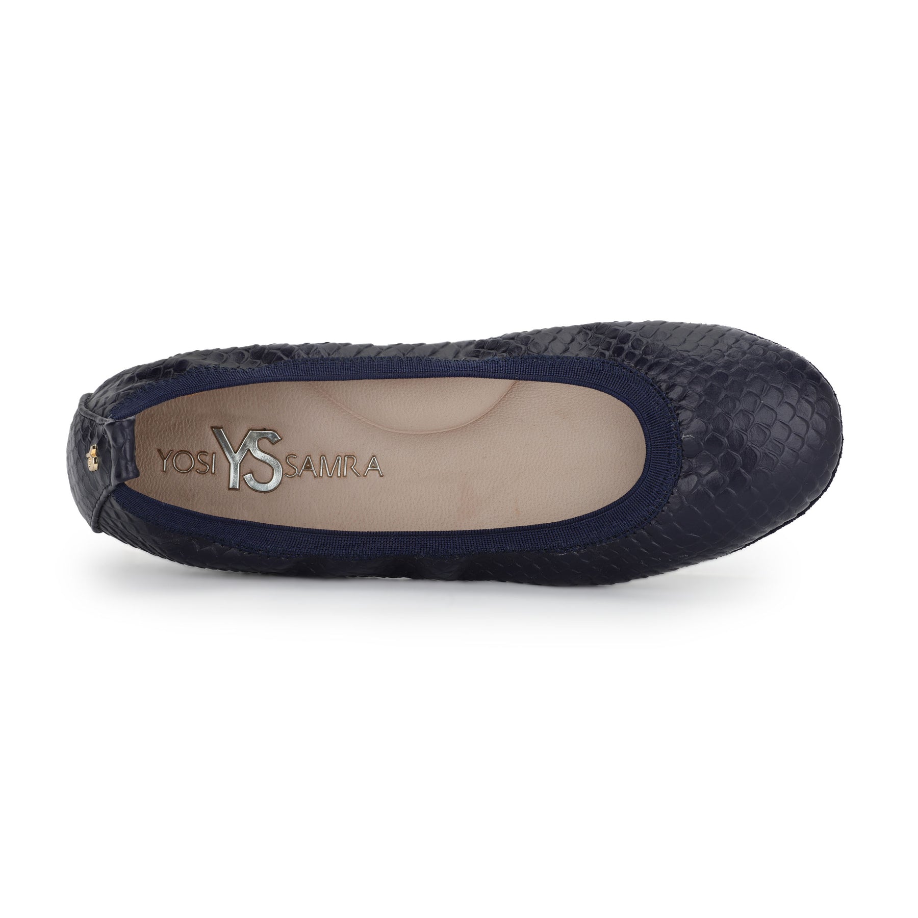 Samara Foldable Ballet Flat in Midnight Blue Scale Leather