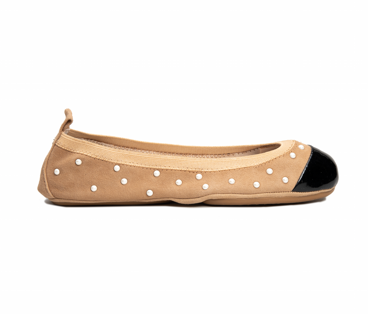 Samantha Camel Kid Suede and Patent Cap Toe Ballet Flat with Pearl Studs