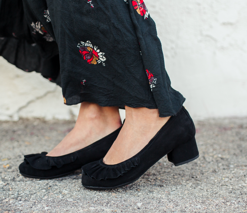 Yosi Samra Black Suede Ruffle Heel Pump