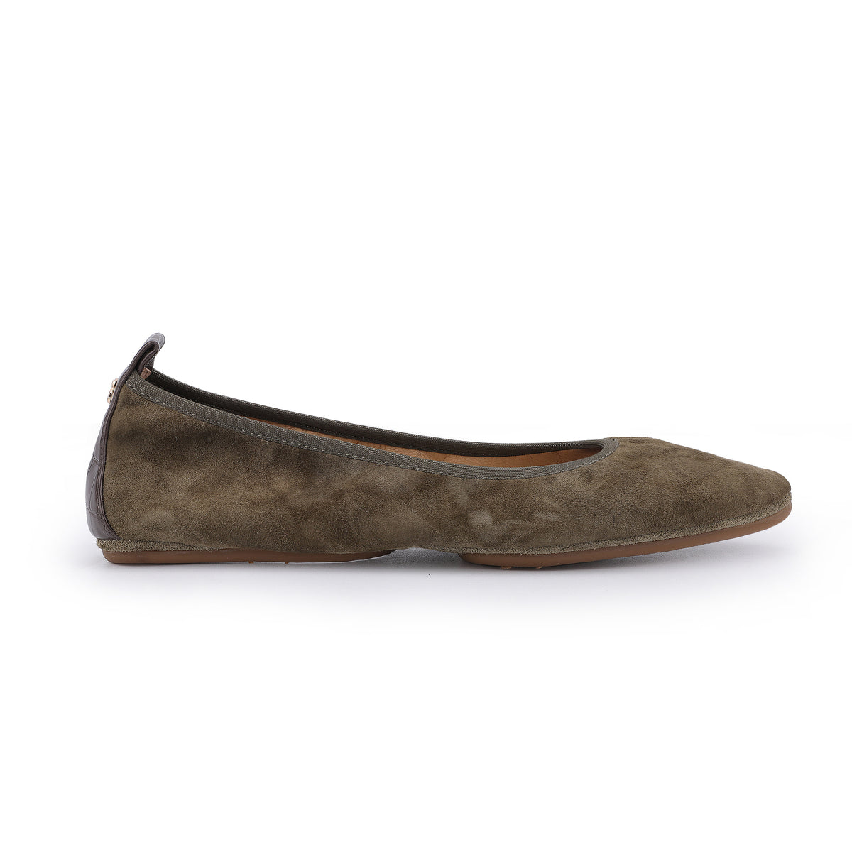 Vienna Pointed Toe Foldable Ballet Flat in Mud Suede